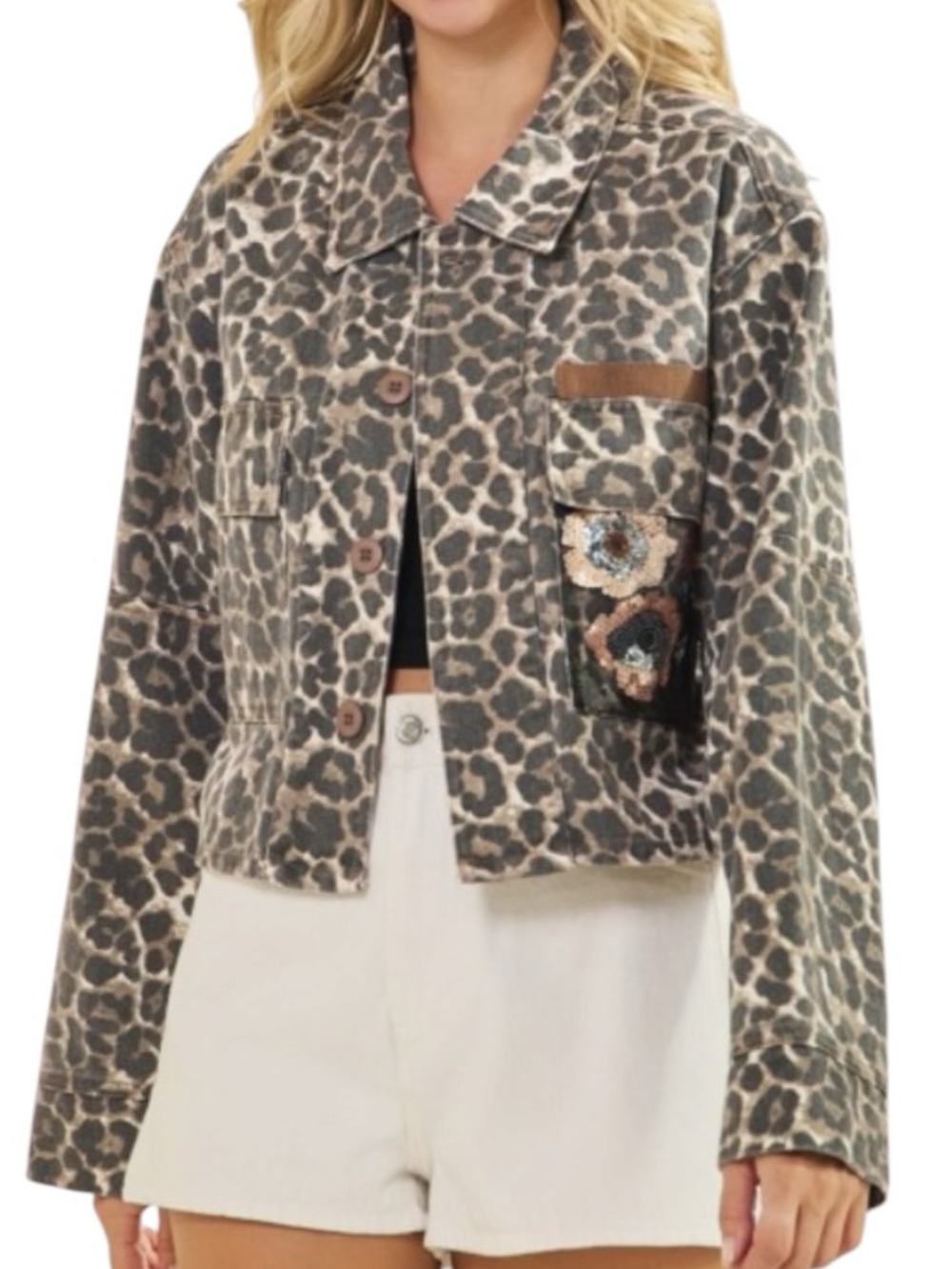 Veveret Mesh Floral Leopard Sequin Embroidered Jacket  Button Closure - Picture 2 of 2